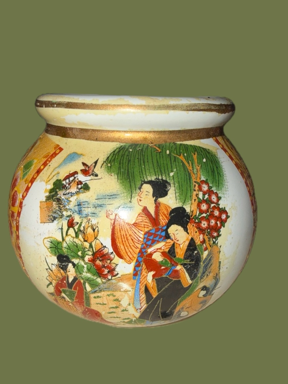 3” Satsuma Style Jar Planter Vase Geisha w/Baby Asian Art Pot Mid 20th Century